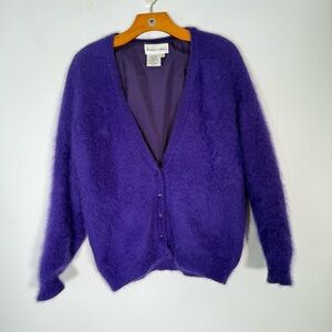 Vintage Purple Angora Cardigan Lined Classic Artsy Fall Winter Warm S